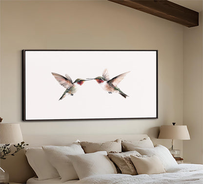 two hummingbirds in mid-flight, with their wings spread wide and their beaks touching, creating a sense of harmony and balance in the composition.