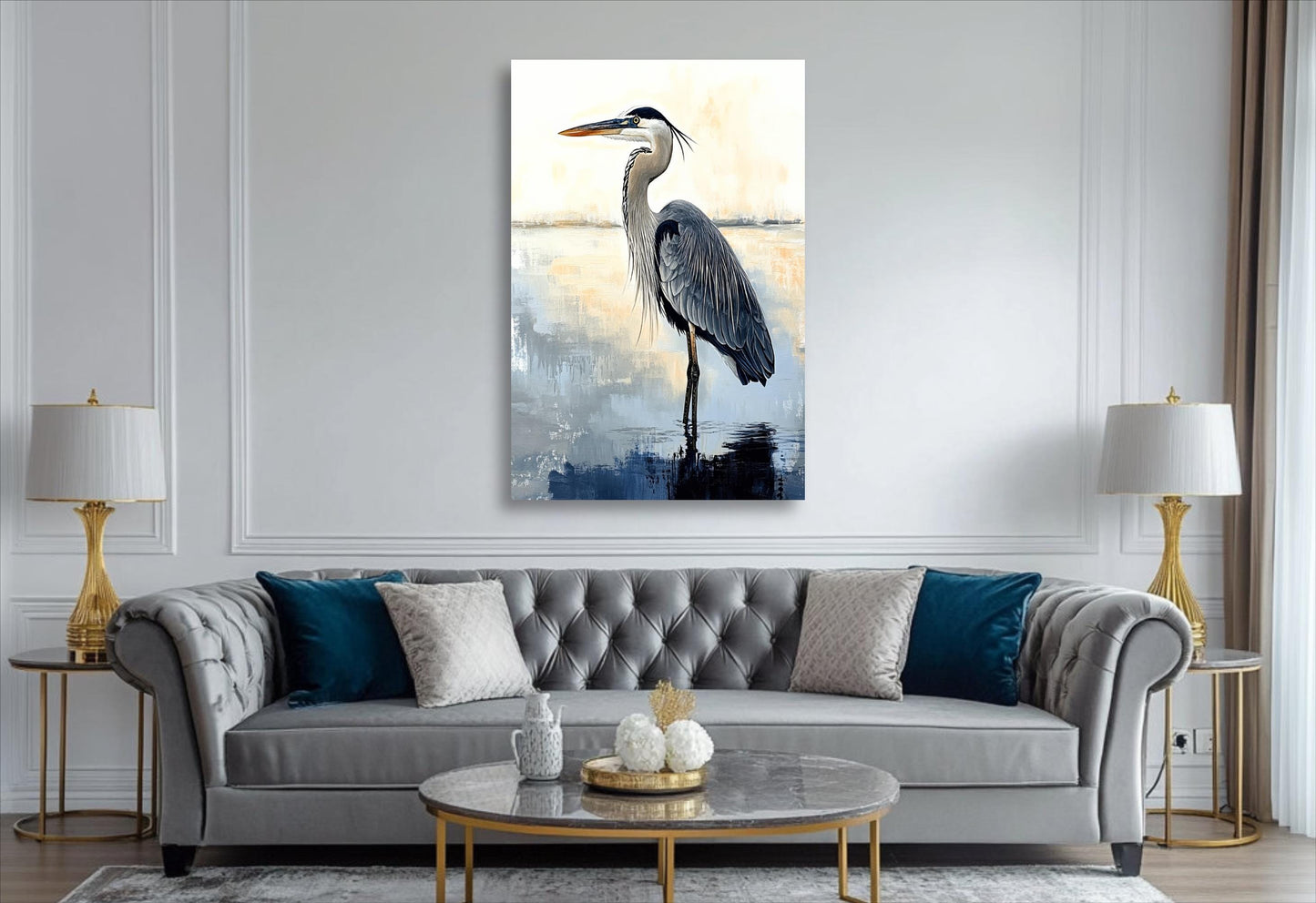 a living room with a couch and a painting on the wall