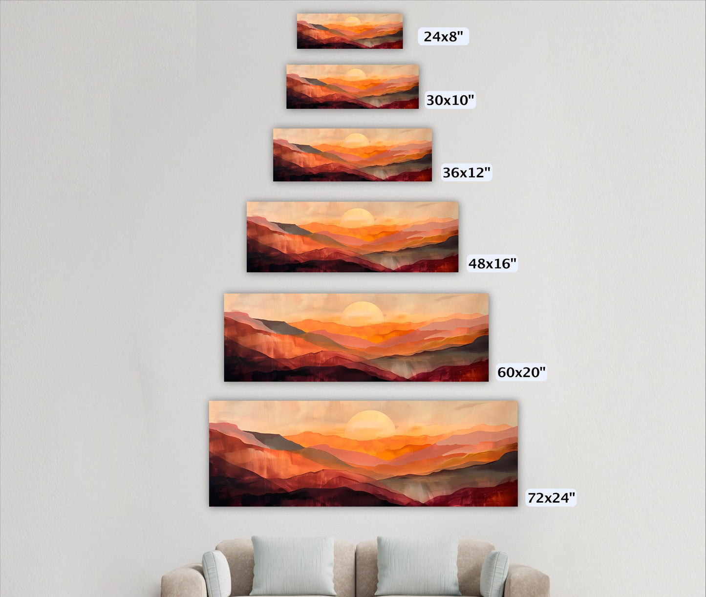 A series of landscape paintings depicting mountains and sunsets, each with a different size ranging from 24"x8" to 72"x12".