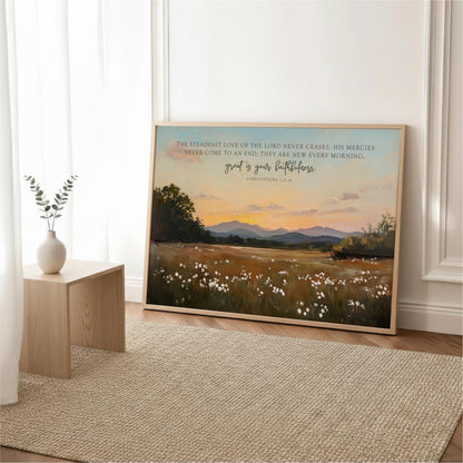 a large framed painting of a serene landscape with a field of flowers and mountains in the background, placed on a wooden floor in a room with a white curtain and a small white vase.