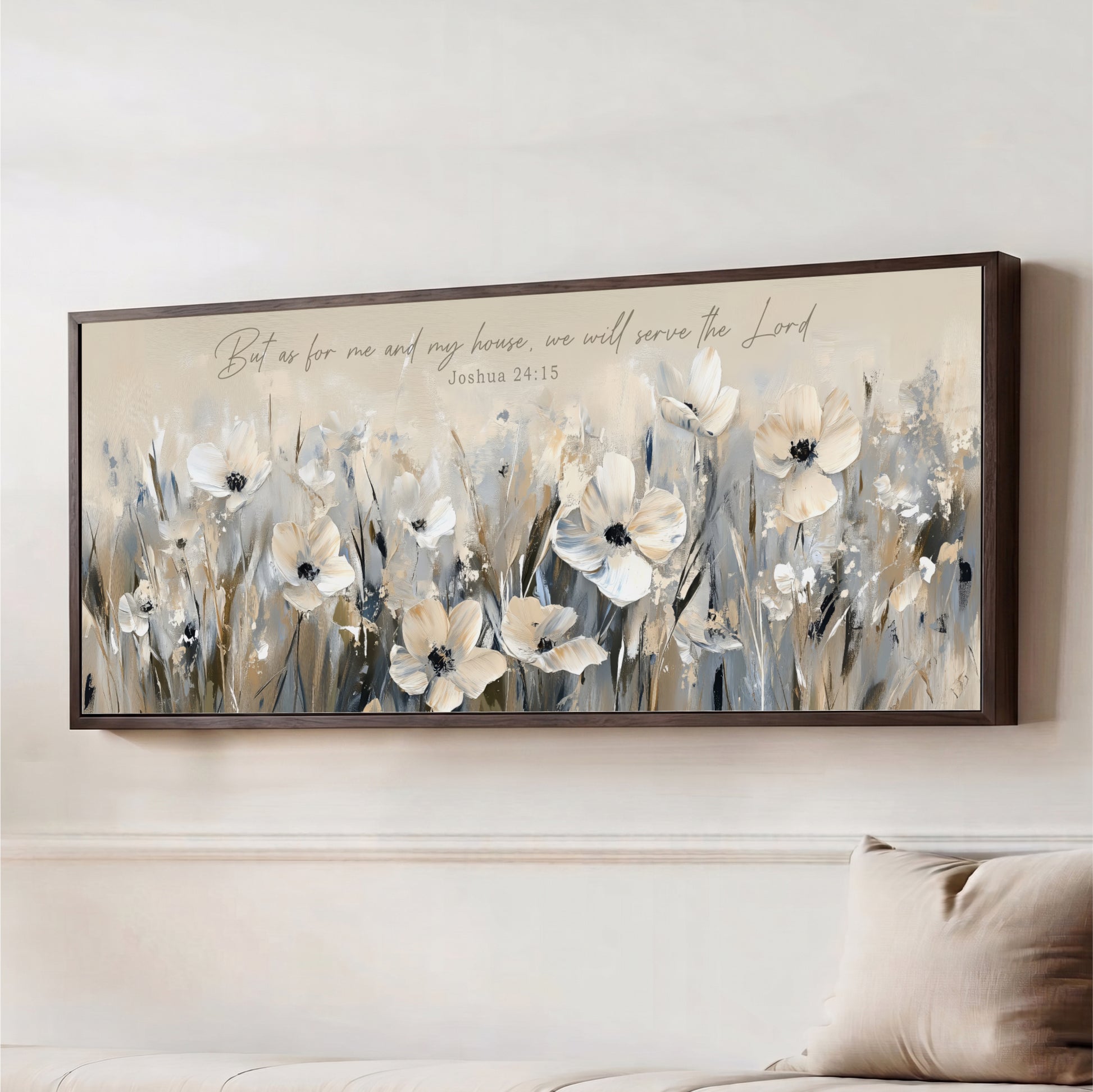 A framed painting of white flowers hangs on a wall, accompanied by a Bible verse that reads "But as for me and my house, we will serve the Lord" and the date "James 24:15".