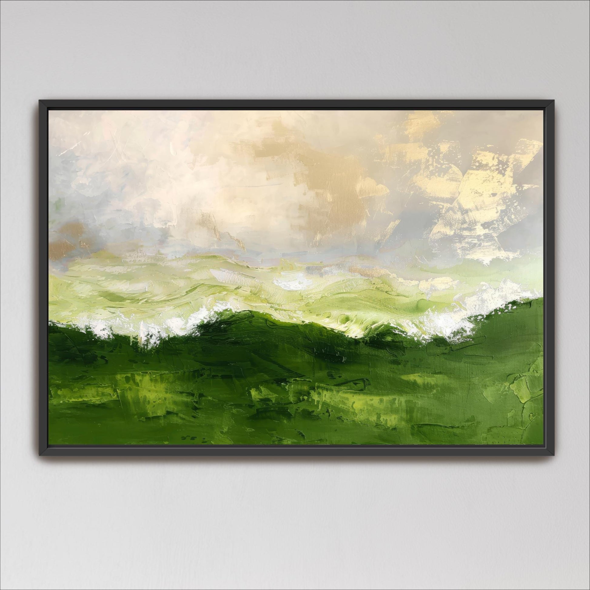 The image is a framed painting depicting a landscape with a green field and a cloudy sky.