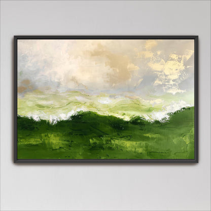 The image is a framed painting depicting a landscape with a green field and a cloudy sky.