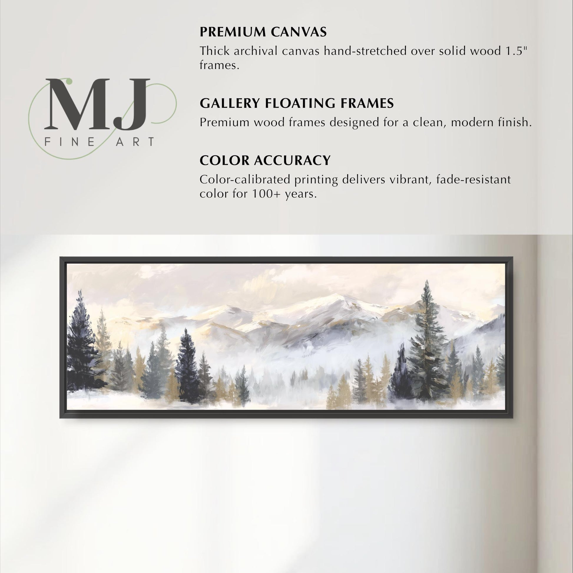 The image is a framed artwork depicting a serene landscape with a forest and mountains in the background.