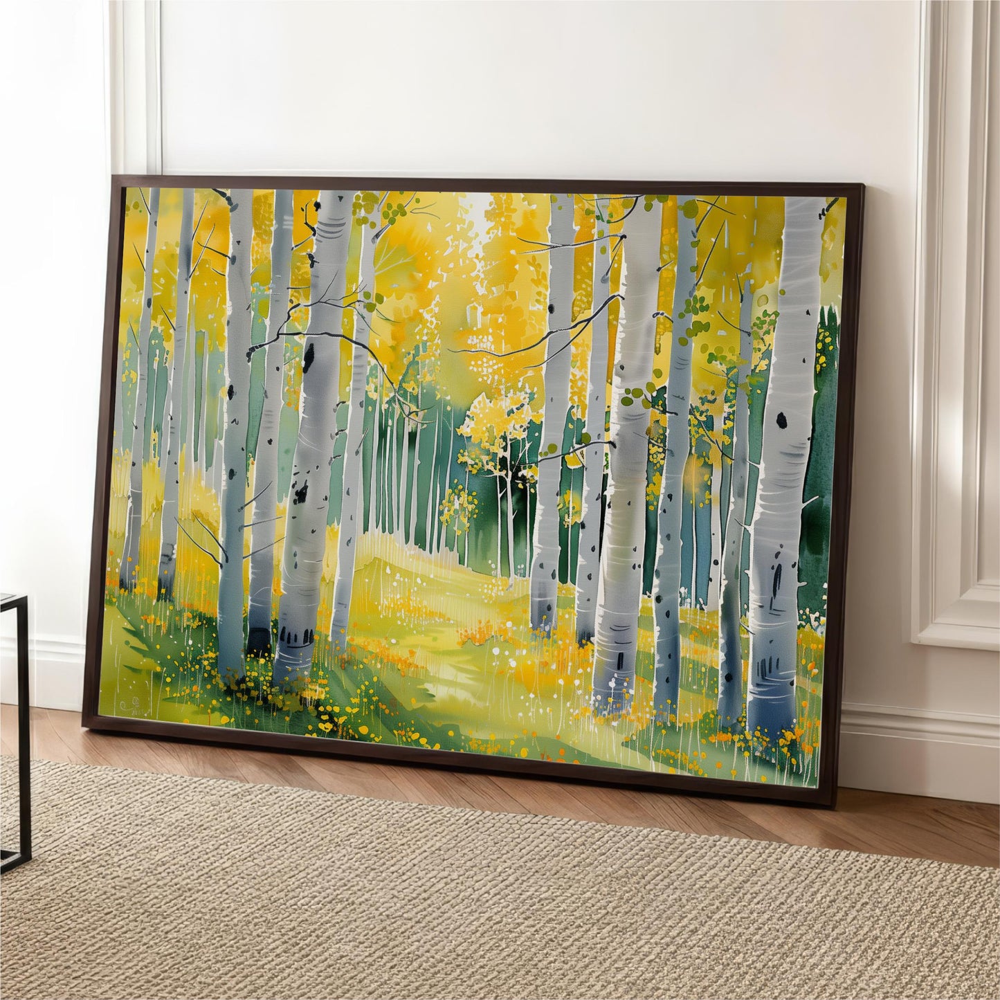 A large framed painting depicting a serene forest scene with tall trees and yellow foliage.