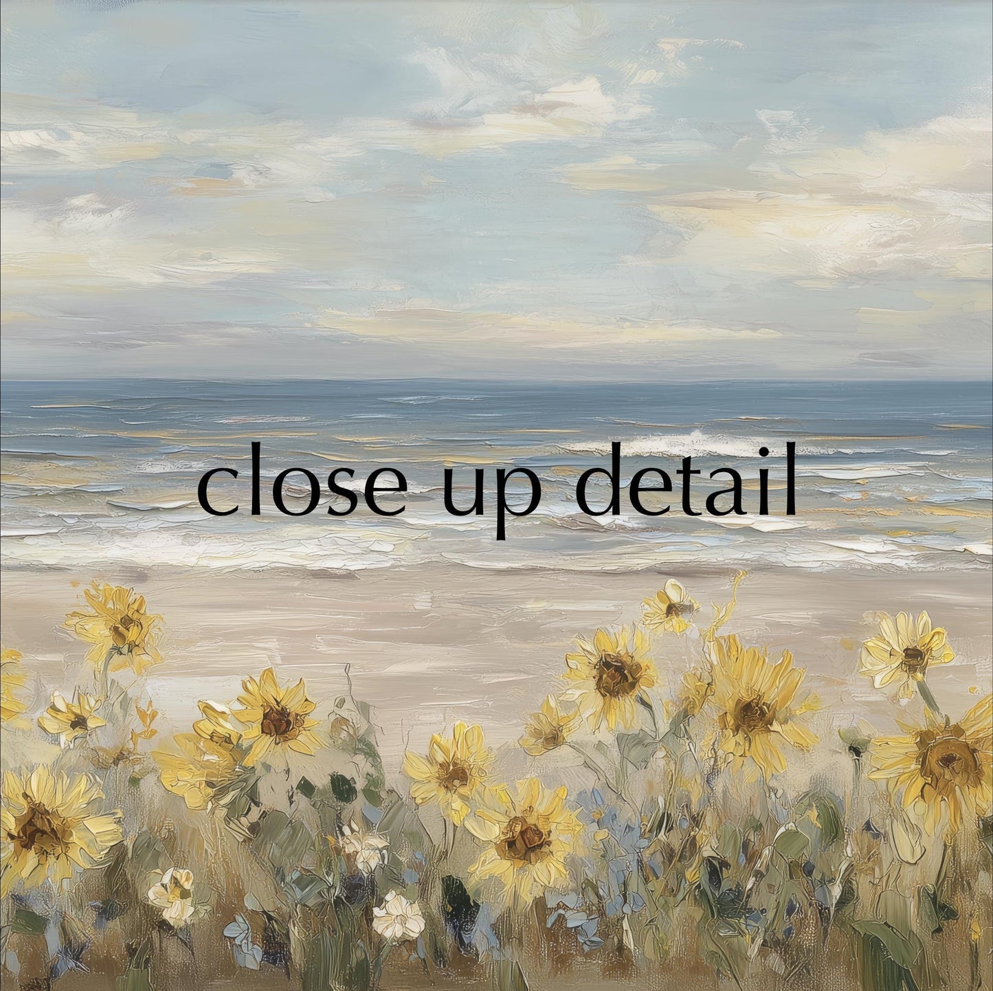 a serene beach scene with a field of yellow sunflowers in the foreground and the vast ocean in the background.