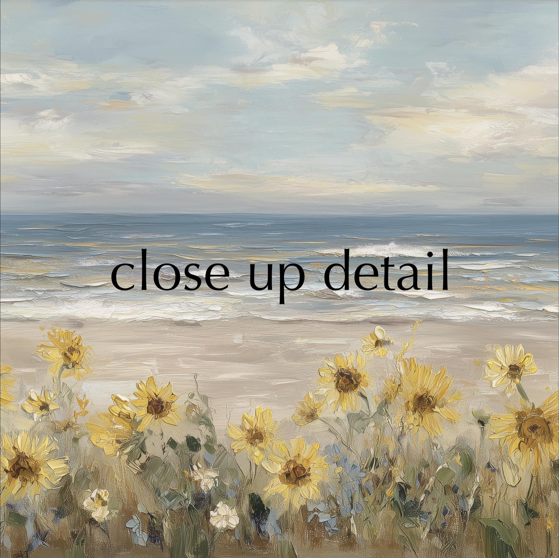 a serene beach scene with a field of yellow sunflowers in the foreground and the vast ocean in the background.