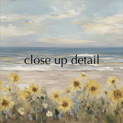 a serene beach scene with a field of yellow sunflowers in the foreground and the vast ocean in the background.