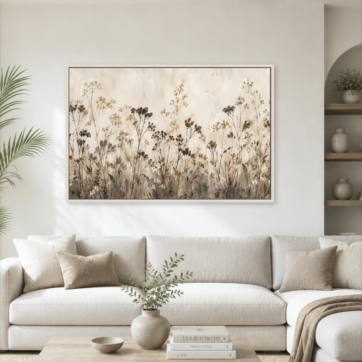 a living room with a large framed painting of a field of flowers hanging on the wall above a white sofa. The sofa is positioned in front of a coffee table with decorative items on it.