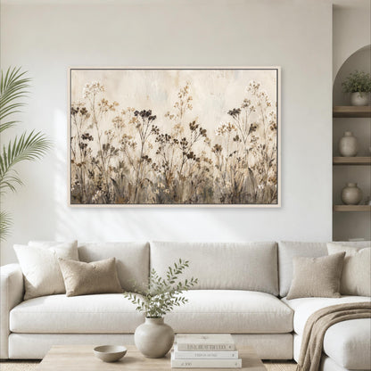 a living room with a large framed painting of a field of flowers hanging on the wall above a white sofa. The sofa is positioned in front of a coffee table with decorative items on it.