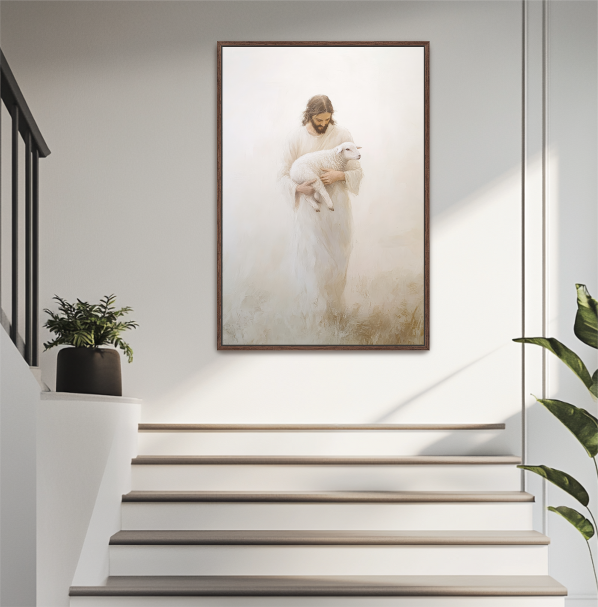 a person in a white robe holding a lamb, standing on a set of stairs.