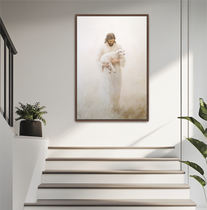 a person in a white robe holding a lamb, standing on a set of stairs.