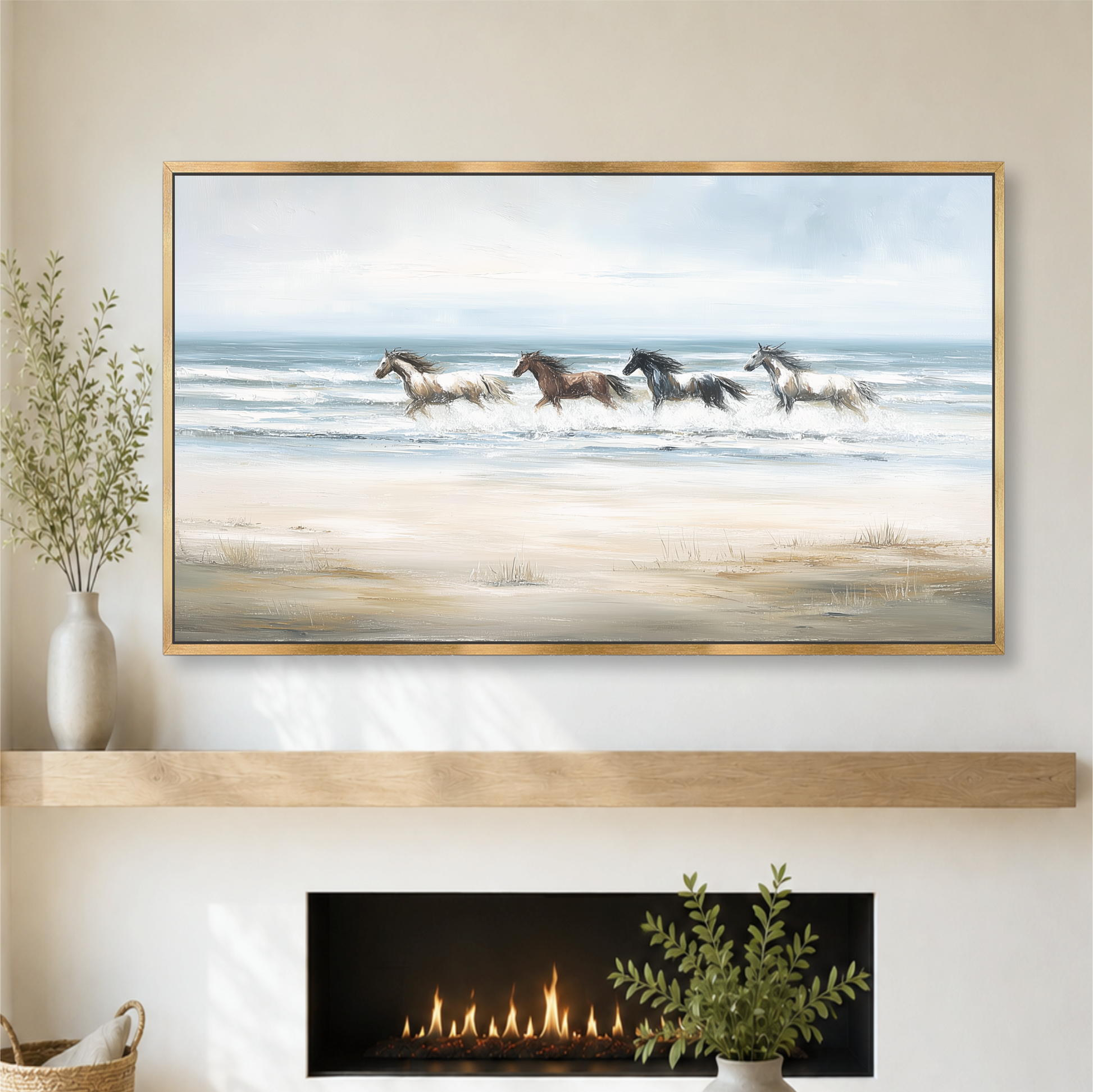 a serene scene of horses galloping across a sandy beach, with the ocean in the background.