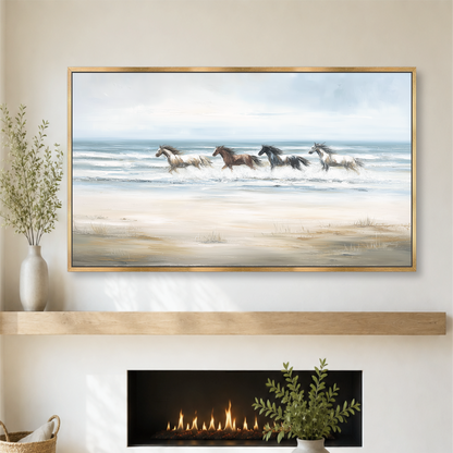 a serene scene of horses galloping across a sandy beach, with the ocean in the background.