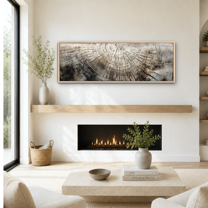 a cozy living room with a fireplace, a coffee table, and a large painting on the wall above it. The room has a minimalist and modern design, with a neutral color palette and natural elements like plants and a woven basket.