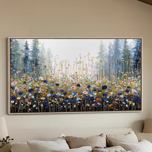 Blue Mountain Meadow Landscape Wall Art, Floral Field Artwork, Cottagecore Decor, Framed Canvas Print Pine Tree Nature Painting