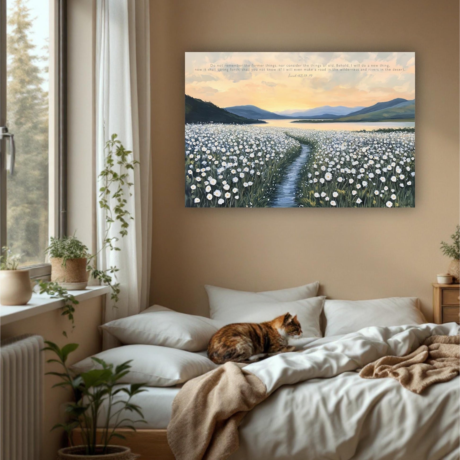 a serene bedroom scene with a large painting of a field of flowers hanging on the wall above a bed with a cat resting on it. The room is decorated with potted plants and a window, creating a cozy and inviting atmosphere.