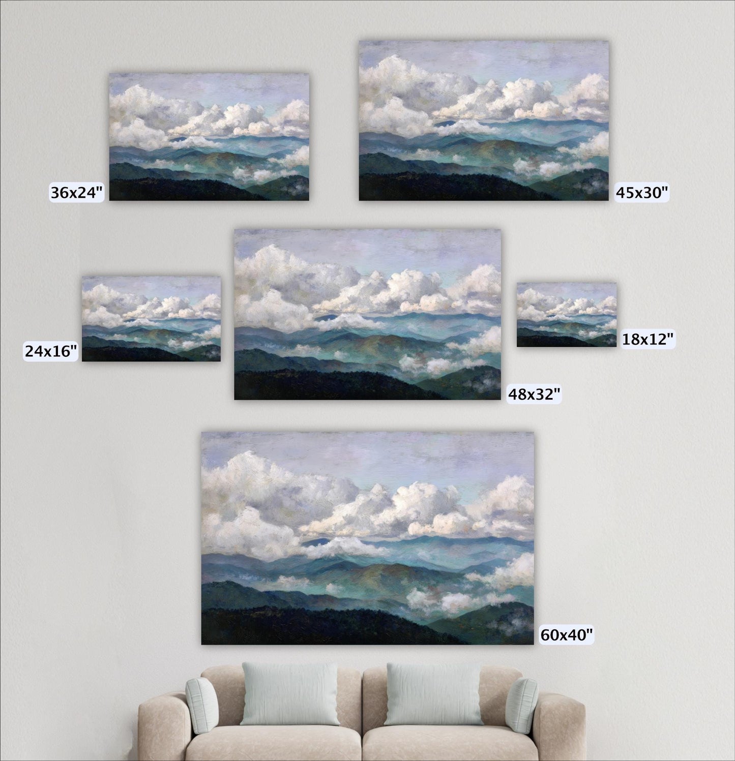 a collection of landscape paintings or photographs depicting mountains, clouds, and a blue sky. The paintings vary in size, with some being larger than others. The largest painting is 60x40 inches, and the smallest is 24x16 inches. The paintings are arranged on a wall, and there is a couch in the foreground.