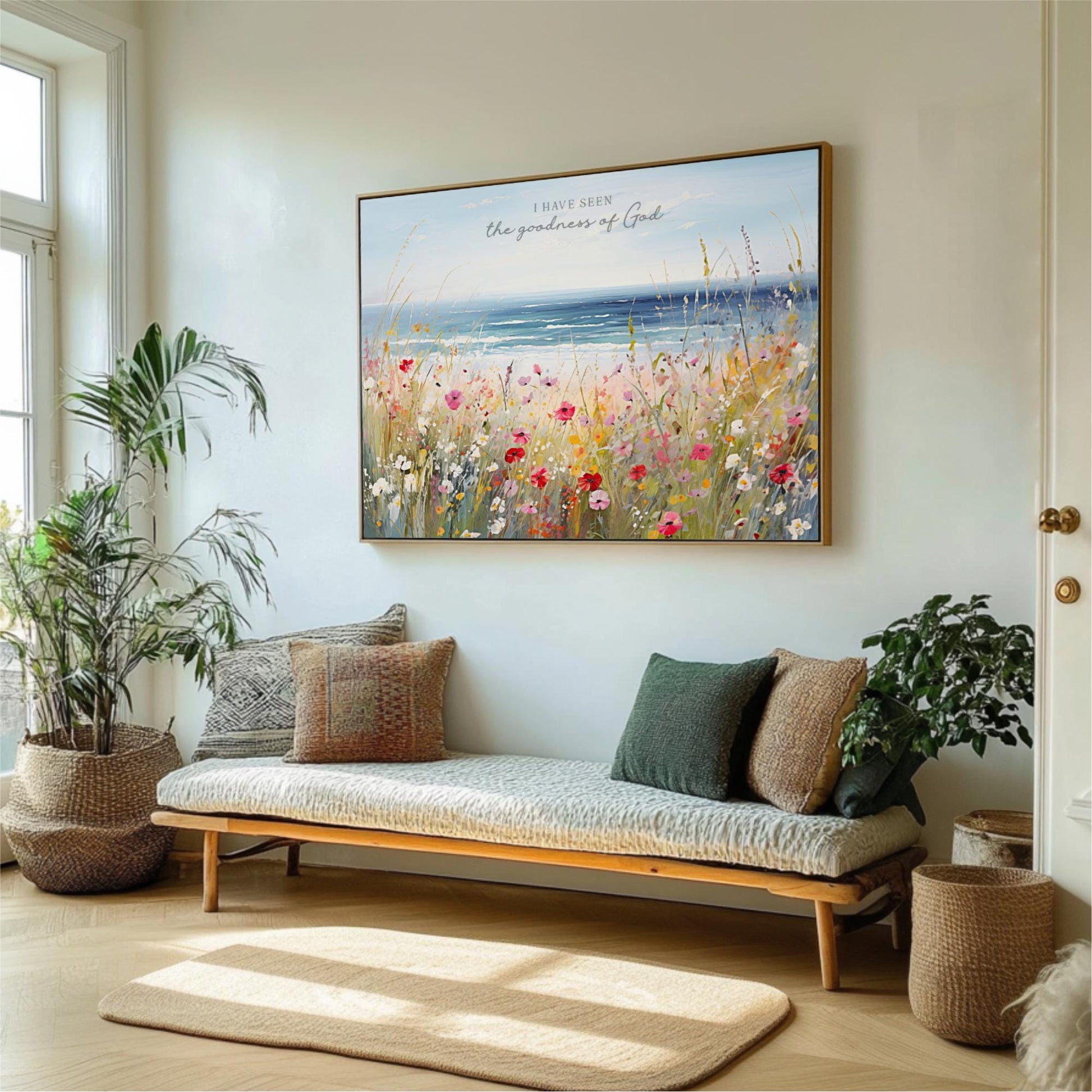 a living room with a large painting of a field of flowers hanging on the wall above a wooden bench with pillows. The room is decorated with potted plants and a rug, creating a cozy and inviting atmosphere.