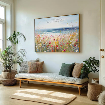 a living room with a large painting of a field of flowers hanging on the wall above a wooden bench with pillows. The room is decorated with potted plants and a rug, creating a cozy and inviting atmosphere.