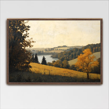 Neutral Landscape Trees Hills Lake Wall Art, Vintage Framed Canvas, Minimalist Countryside Farmhouse, Large Horizontal Artwork