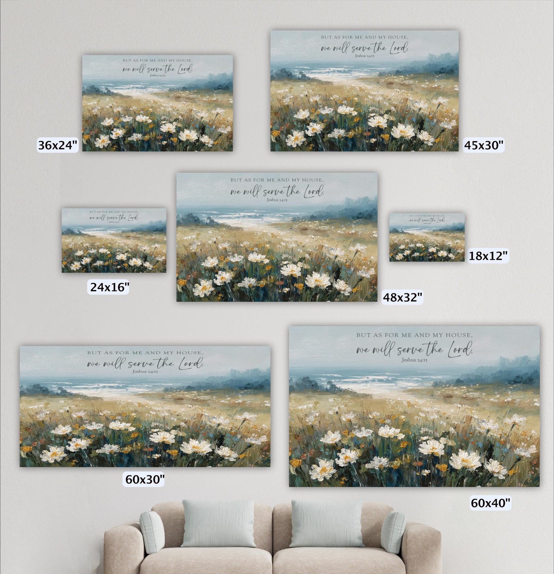 a collection of five landscape paintings depicting various scenes of nature, including a field of flowers and a body of water.