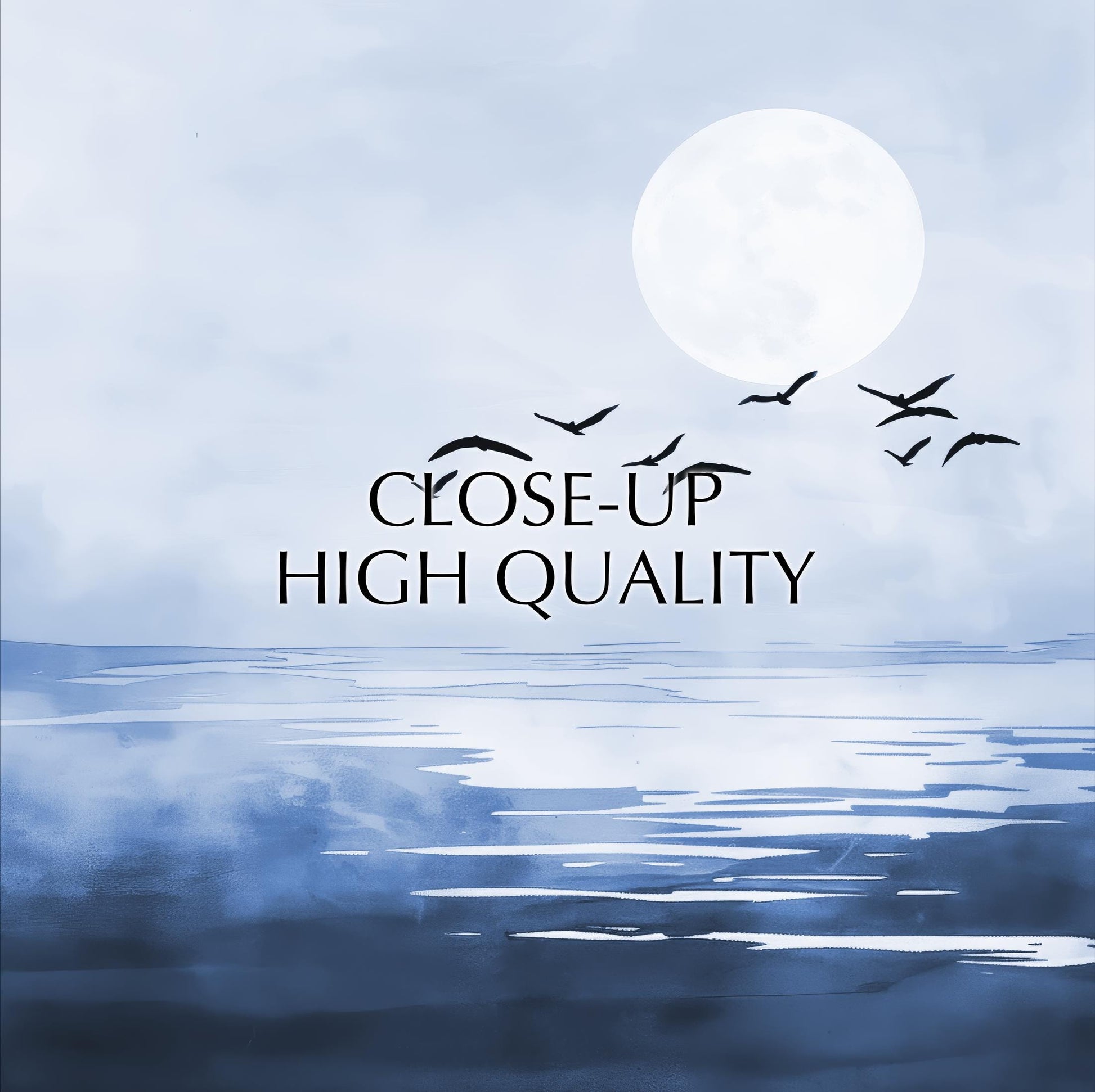 a serene scene of a large, full moon reflected on a calm body of water, with a flock of birds flying across the sky.