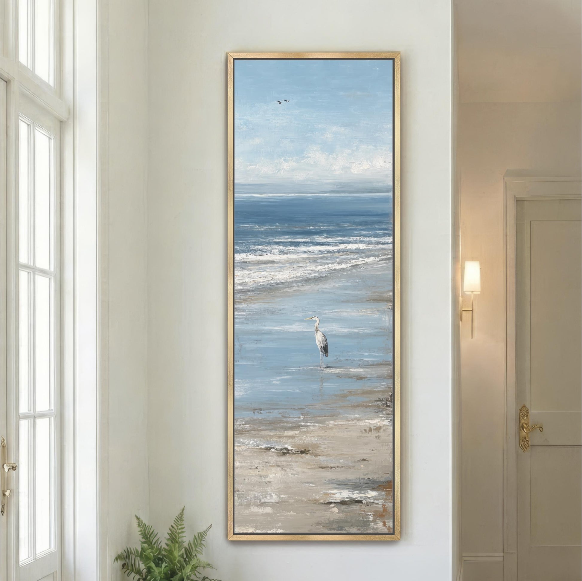 Great Blue Heron Wall Art, Coastal Beach Canvas Print, Lone Heron Ocean Painting, Vertical Coastal Bird Decor, Beach House Artwork, Seascape
