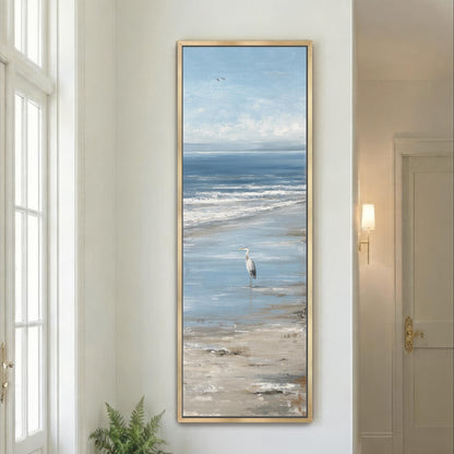 Great Blue Heron Wall Art, Coastal Beach Canvas Print, Lone Heron Ocean Painting, Vertical Coastal Bird Decor, Beach House Artwork, Seascape