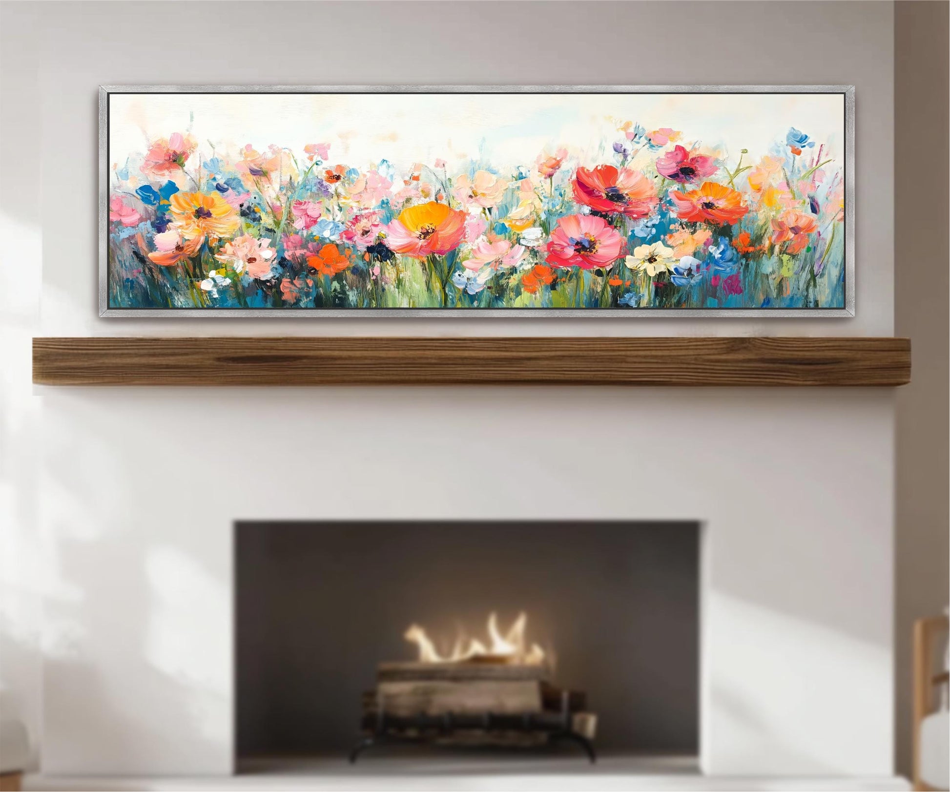 a fireplace with a painting of a colorful flower field above it.