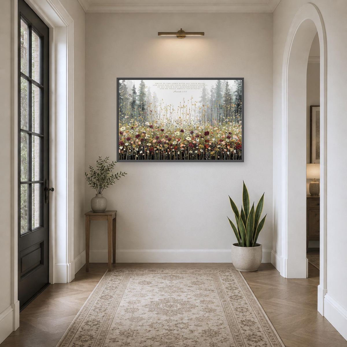 a serene and well-lit hallway with a large painting of a field of flowers hanging on the wall. The painting adds a touch of nature and color to the otherwise neutral-toned hallway. The hallway is also decorated with a potted plant and a vase, creating a welcoming and pleasant atmosphere.
