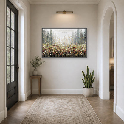 a serene and well-lit hallway with a large painting of a field of flowers hanging on the wall. The painting adds a touch of nature and color to the otherwise neutral-toned hallway. The hallway is also decorated with a potted plant and a vase, creating a welcoming and pleasant atmosphere.