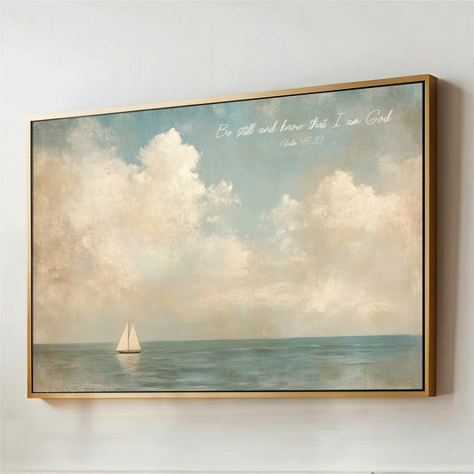 "Be Still and Know that I Am God" - Psalm 46:10 Vintage Sail Boat on the Sea This scripture seascape painting on archival canvas print is designed to bring tranquility and inspiration to your home, making it an ideal beach house artwork or coastal wall decor.
