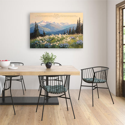 a dining room with a wooden table and chairs, a potted plant, and a painting of a mountain landscape hanging on the wall above the table.