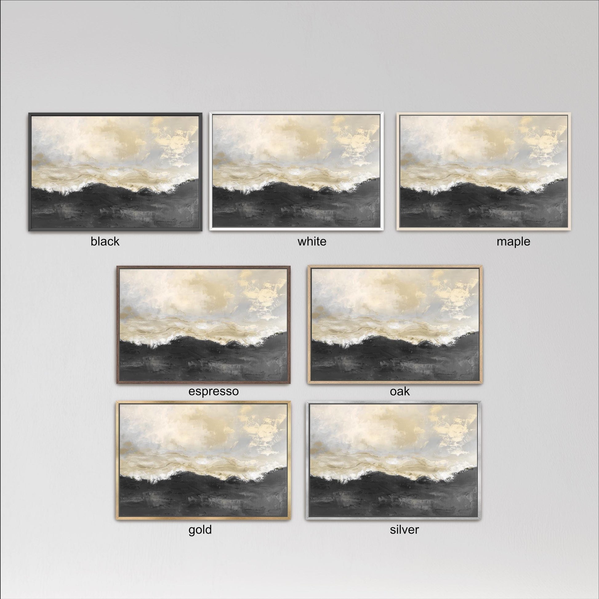 six framed landscape paintings, each with a different color frame, arranged in a grid against a white background.