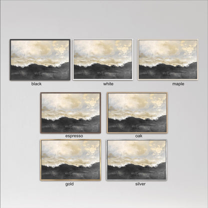 six framed landscape paintings, each with a different color frame, arranged in a grid against a white background.