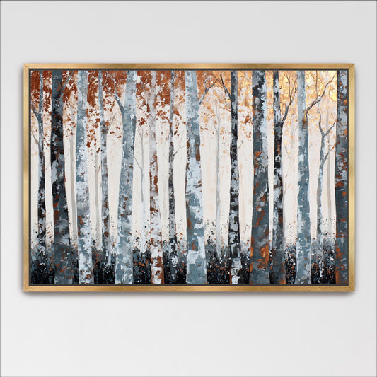 Birch Trees Abstract Wall Art, Copper Gold Landscape Framed Canvas Artwork, Rust Gray Tree Print, Aspens Nature Decor
