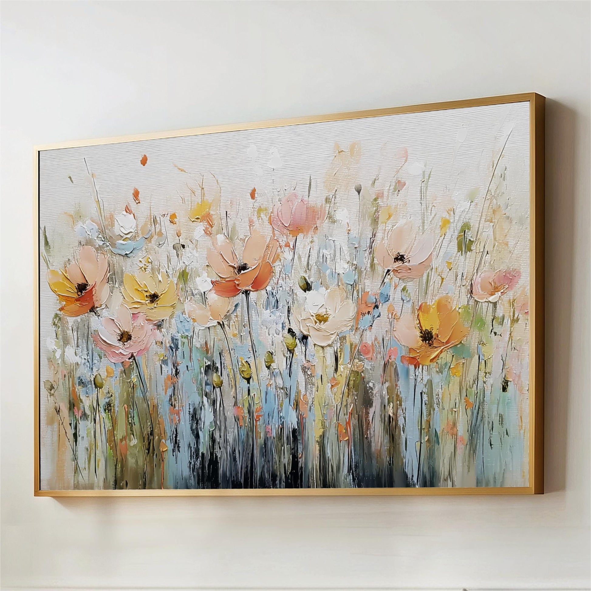 The image is a painting of a field of colorful flowers, with various shades of pink, yellow, and orange blooms.