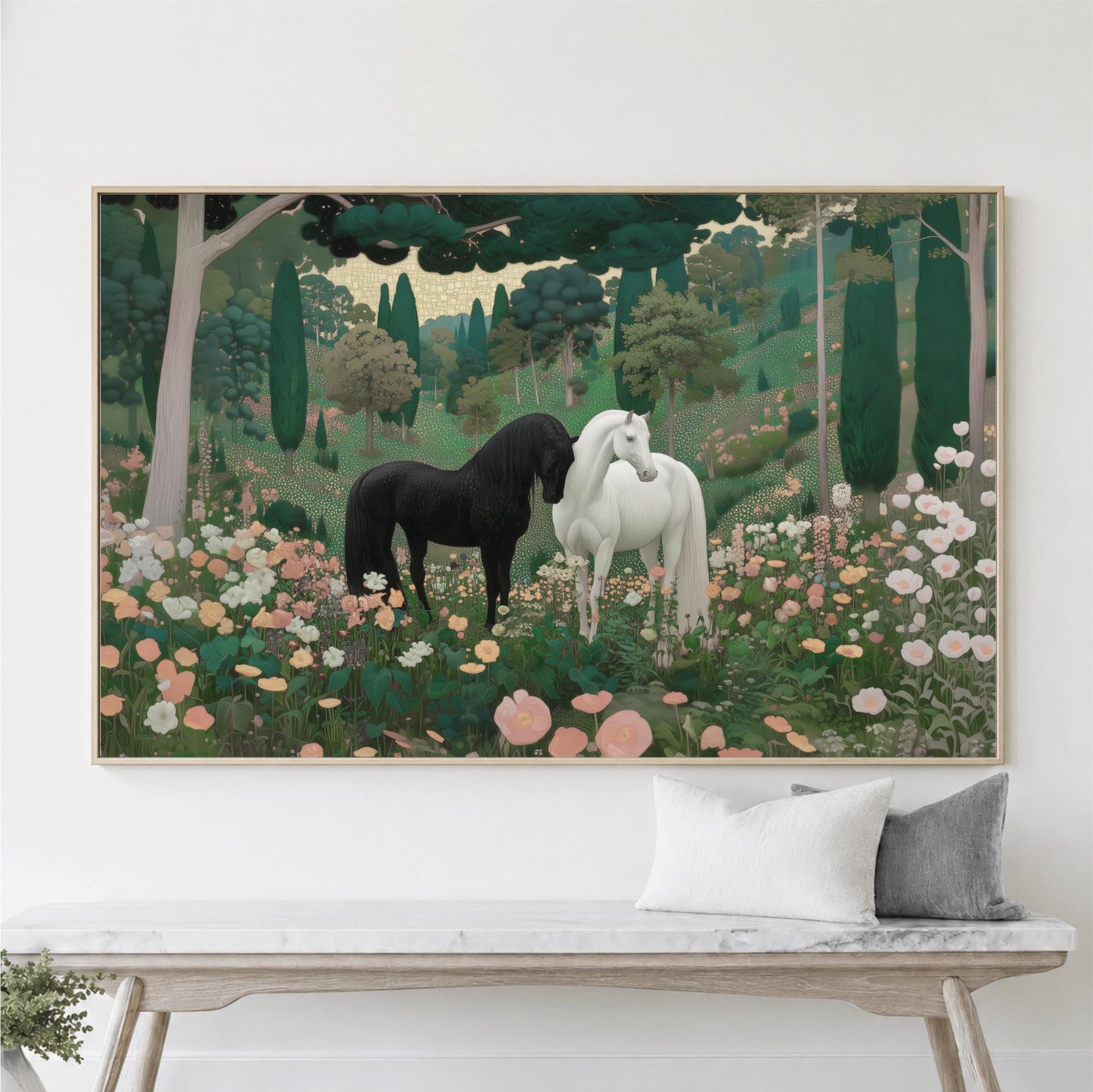 a large painting of two horses standing in a field of flowers, surrounded by trees and greenery.