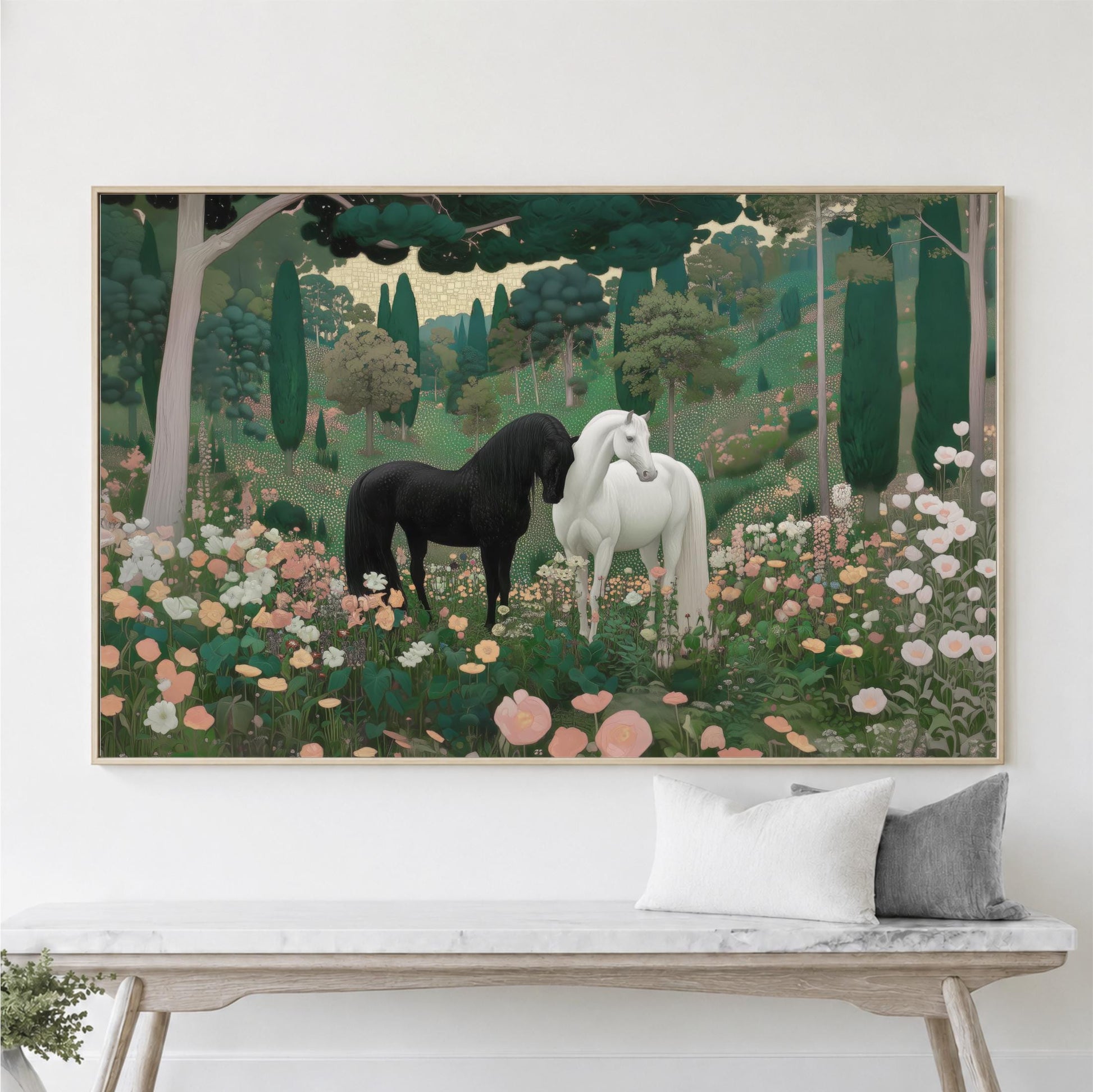 a large painting of two horses standing in a field of flowers, surrounded by trees and greenery.