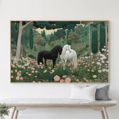 a large painting of two horses standing in a field of flowers, surrounded by trees and greenery.