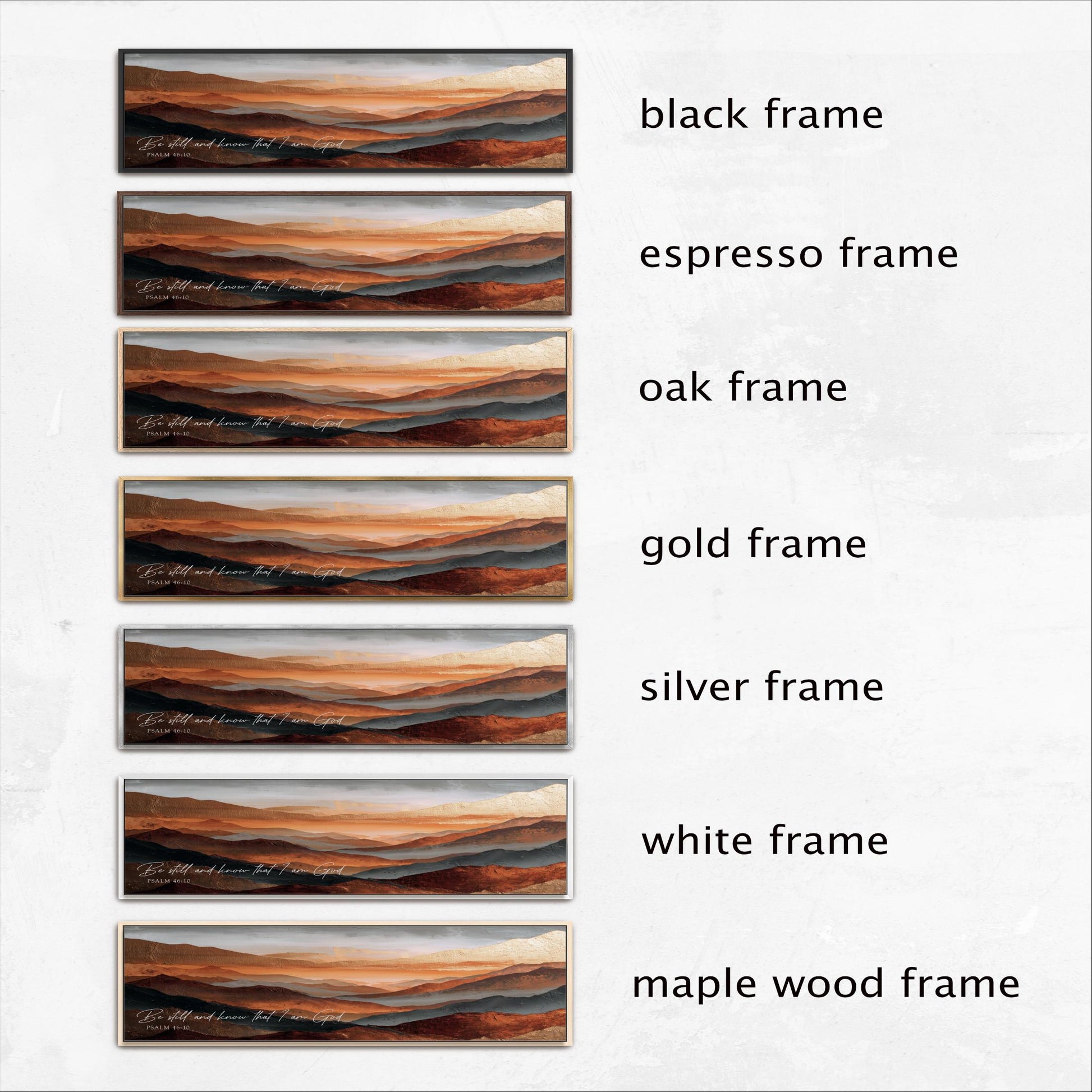 six different framed artworks, each with a unique color and frame type, arranged in a row.