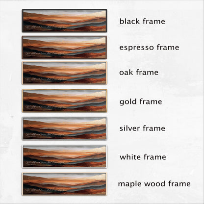 six different framed artworks, each with a unique color and frame type, arranged in a row.