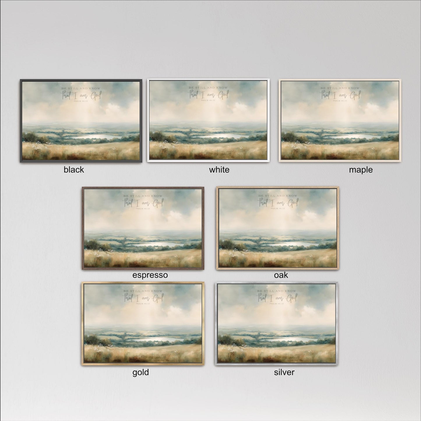 six different framed landscape paintings, each with a different color and frame style. The paintings depict various scenes, such as a beach, mountains, and a field. The color options include black, white, maple, espresso, oak, and gold, as well as silver. The frames are arranged in a grid format, with each frame having a different color and style. The text "I still know" is visible in the image, but it is unclear what it means in the context of the artwork.