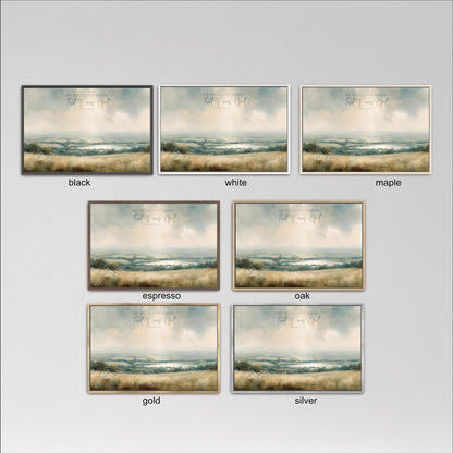 six different framed landscape paintings, each with a different color and frame style. The paintings depict various scenes, such as a beach, mountains, and a field. The color options include black, white, maple, espresso, oak, and gold, as well as silver. The frames are arranged in a grid format, with each frame having a different color and style. The text "I still know" is visible in the image, but it is unclear what it means in the context of the artwork.