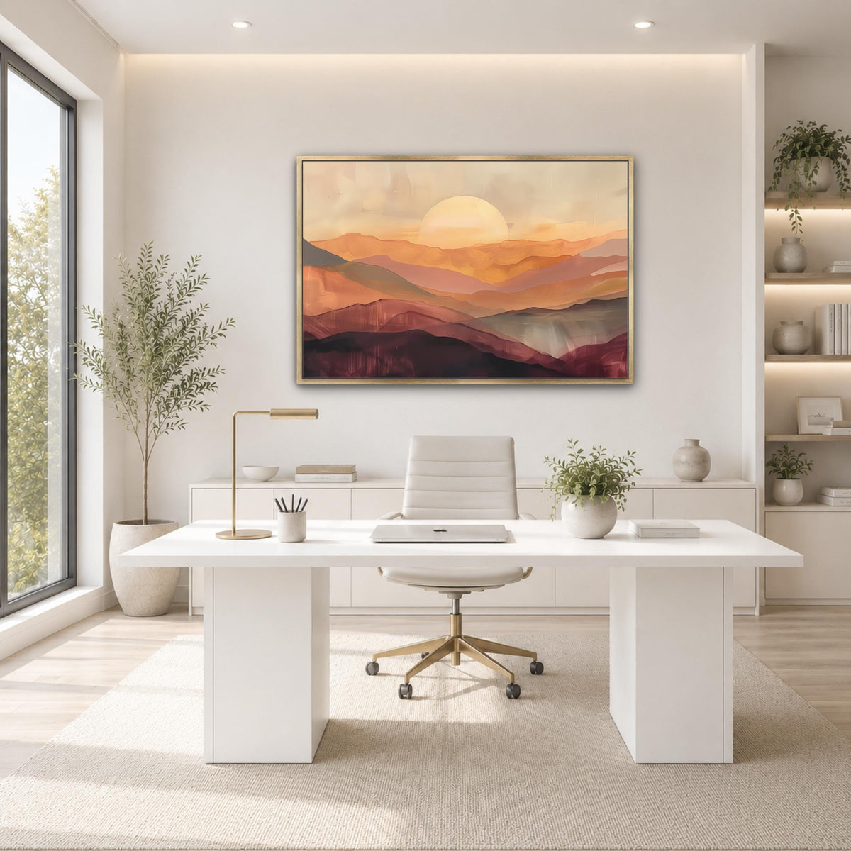 a modern, minimalist office space with a large window overlooking a scenic landscape. The office features a white desk with a computer, a comfortable-looking chair, and a large framed landscape painting on the wall. The room is decorated with potted plants and other office supplies, creating a serene and professional atmosphere.