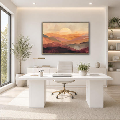 a modern, minimalist office space with a large window overlooking a scenic landscape. The office features a white desk with a computer, a comfortable-looking chair, and a large framed landscape painting on the wall. The room is decorated with potted plants and other office supplies, creating a serene and professional atmosphere.