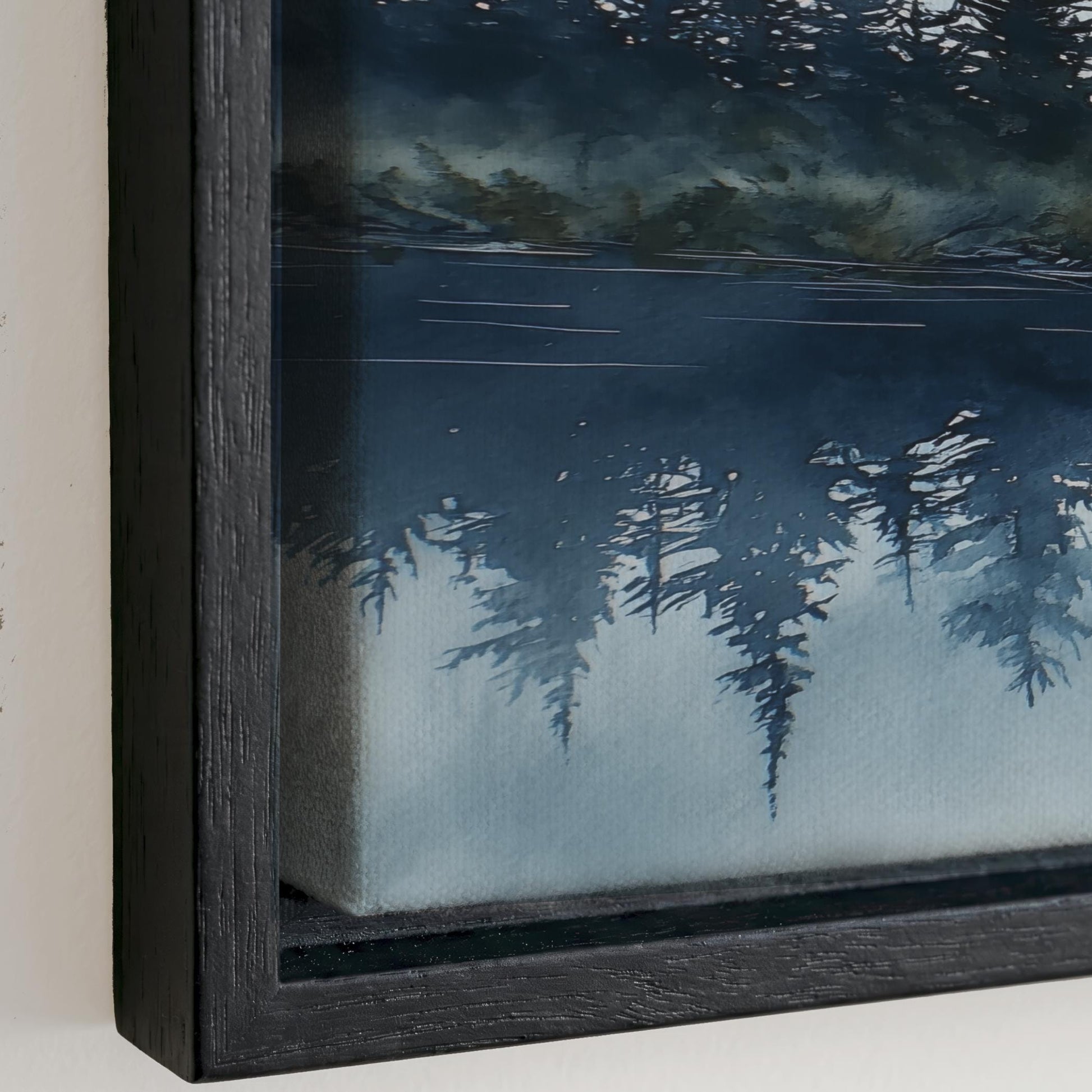 The image is a framed painting depicting a serene landscape with a forest and a body of water.