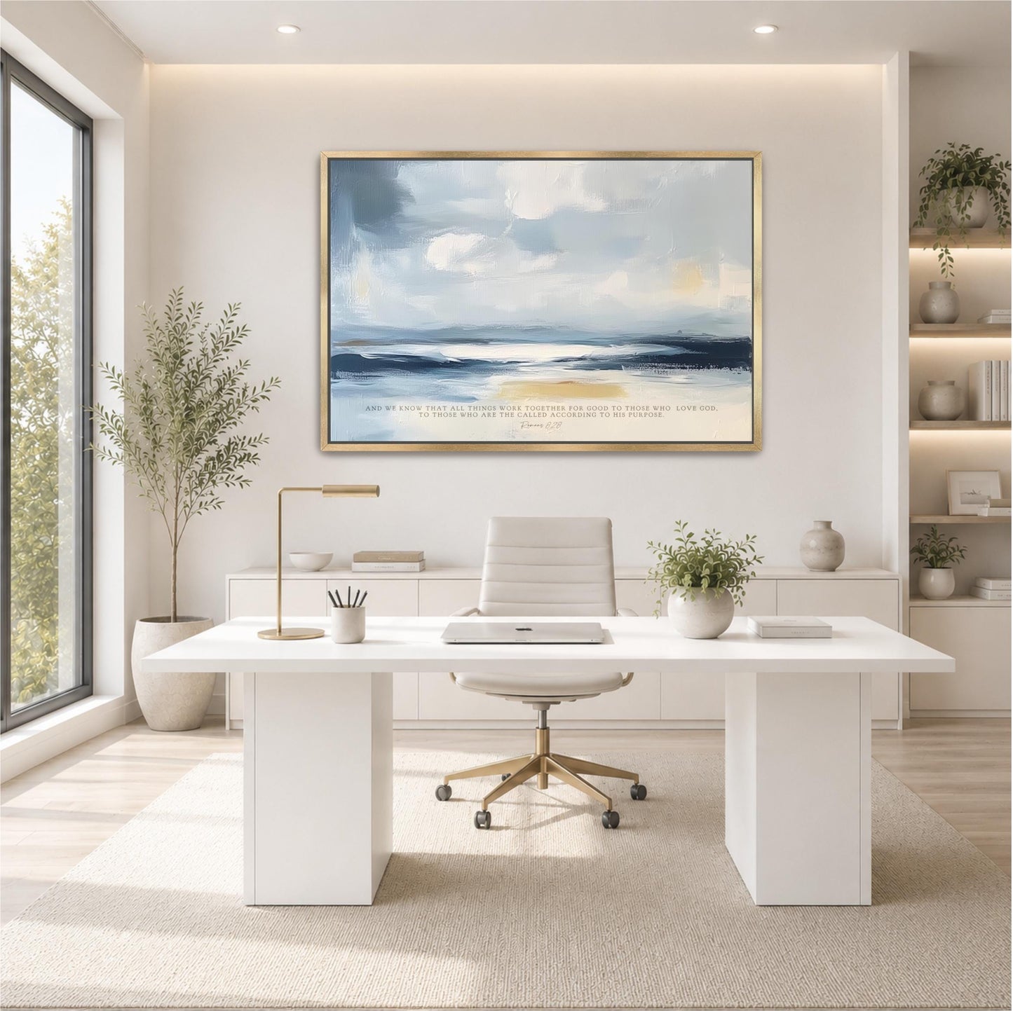 a modern, minimalist office space with a large window, a white desk, a white chair, and a framed painting of a serene landscape above the desk.