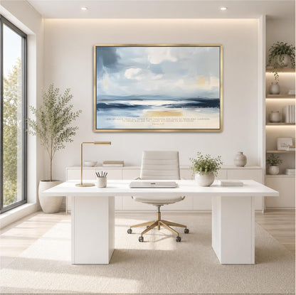 a modern, minimalist office space with a large window, a white desk, a white chair, and a framed painting of a serene landscape above the desk.